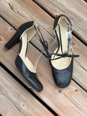 Enzo Angiolini Mary Jane High Heel Shoes 9.5 Black Leather Front Tie Rockabilly